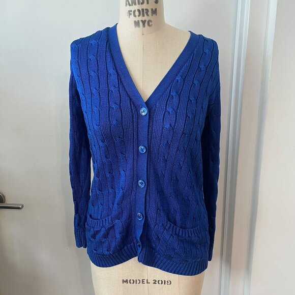 RALPH LAUREN Vintage Black Label Silk Cobalt Blue Cable Knit Cardigan Size S - Picture 1 of 7